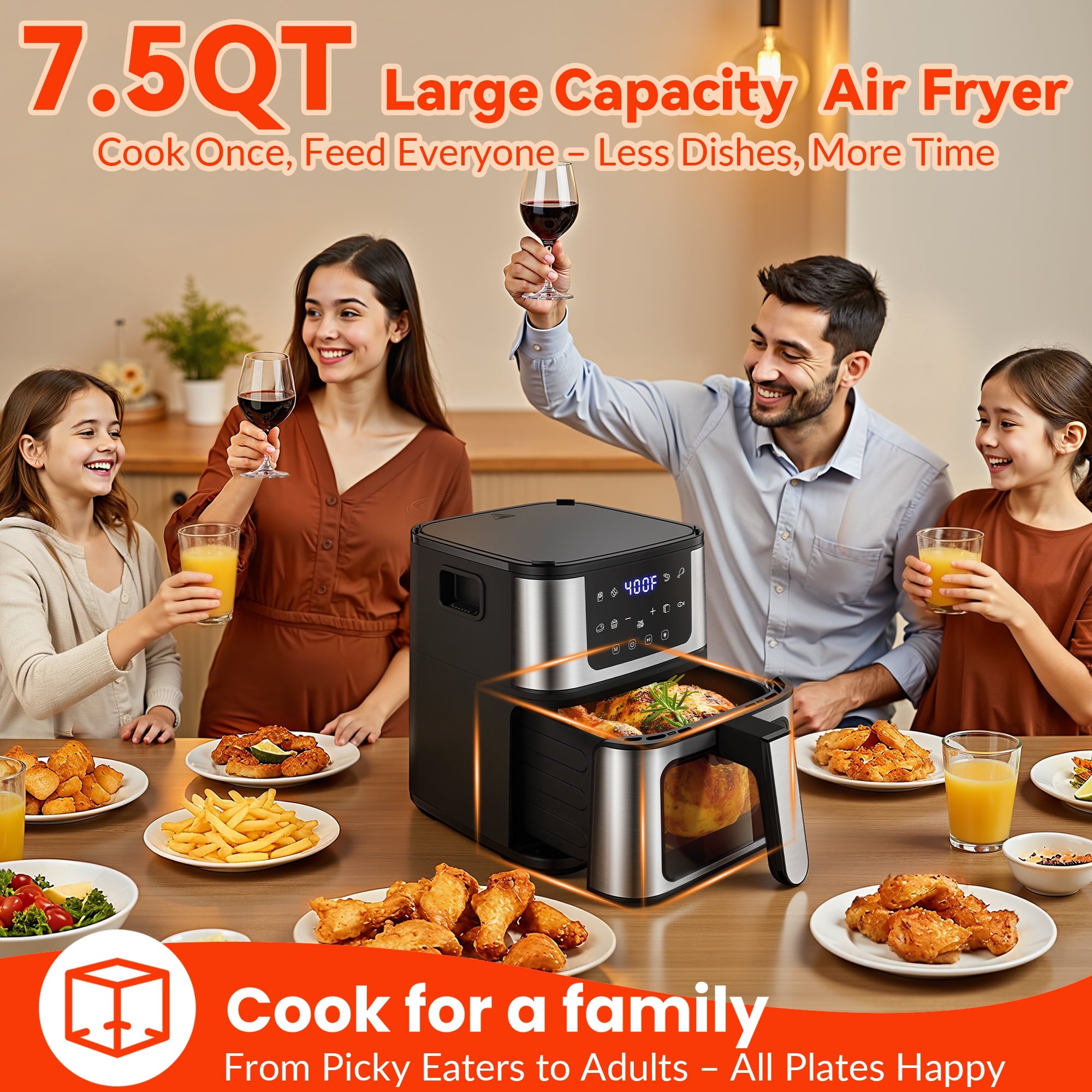 WNANEEZ 7.5Qt Multifunction Air Fryer w/ Digital LED Touch Screen, Steak Searing, 8 Preset Cookings, 95% Less Oil, Nonstick Dishwasher-Safe Basket, Includes 100 Liners