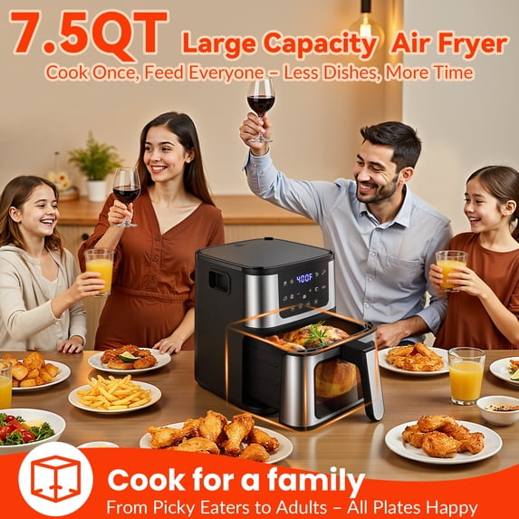 ODYAAZ Air Fryer 7.5QT, 10 Preset Programs Air Fryer Oven, 10-in-1 Digital LED Touch Screen, 95% Less Oil, Dishwasher-Safe, 1400W Fast Heating, Visible Window, Air Fryer with 100Pcs Liner