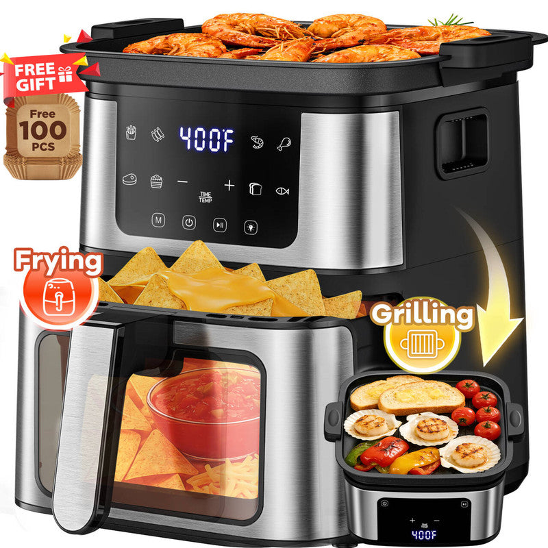 Famistar Air Fryer Oven, 8-in-1 7.5Qt Multifunction Air Fryer & Grill Pan w/ Digital LED Touch Screen, 8 Preset Cookings, Dishwasher-Safe Basket, 95% Less Oil, Nonstick Dishwasher-Safe Basket, 100Pcs Liner