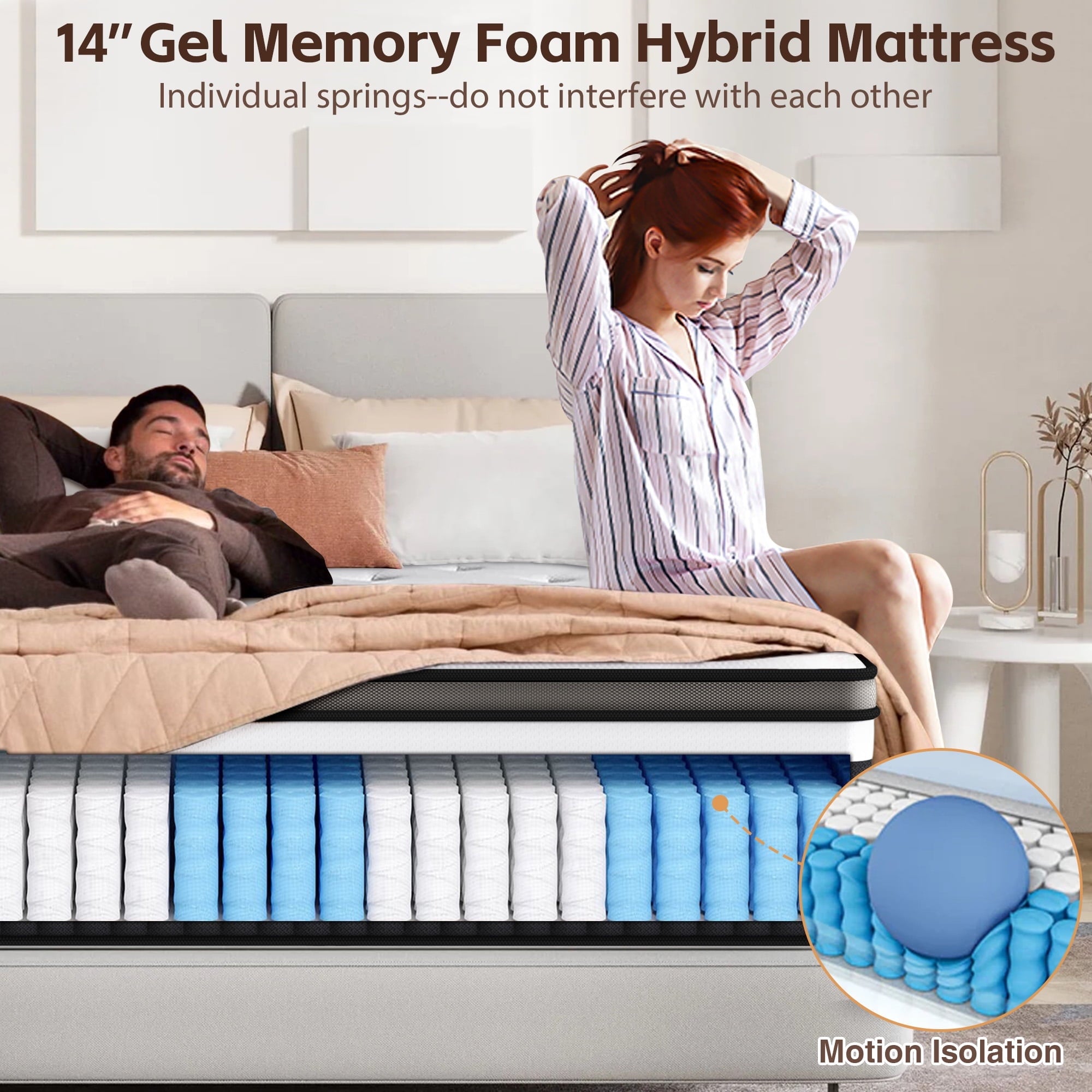 WNANEEZ 14 Inch Queen Mattress in a Box, Cooling Gel Memory Foam with Pocket Springs, Medium Firm Bed for Cool Sleep & Pressure Relief, Motion Isolation, CertiPUR-US Certified