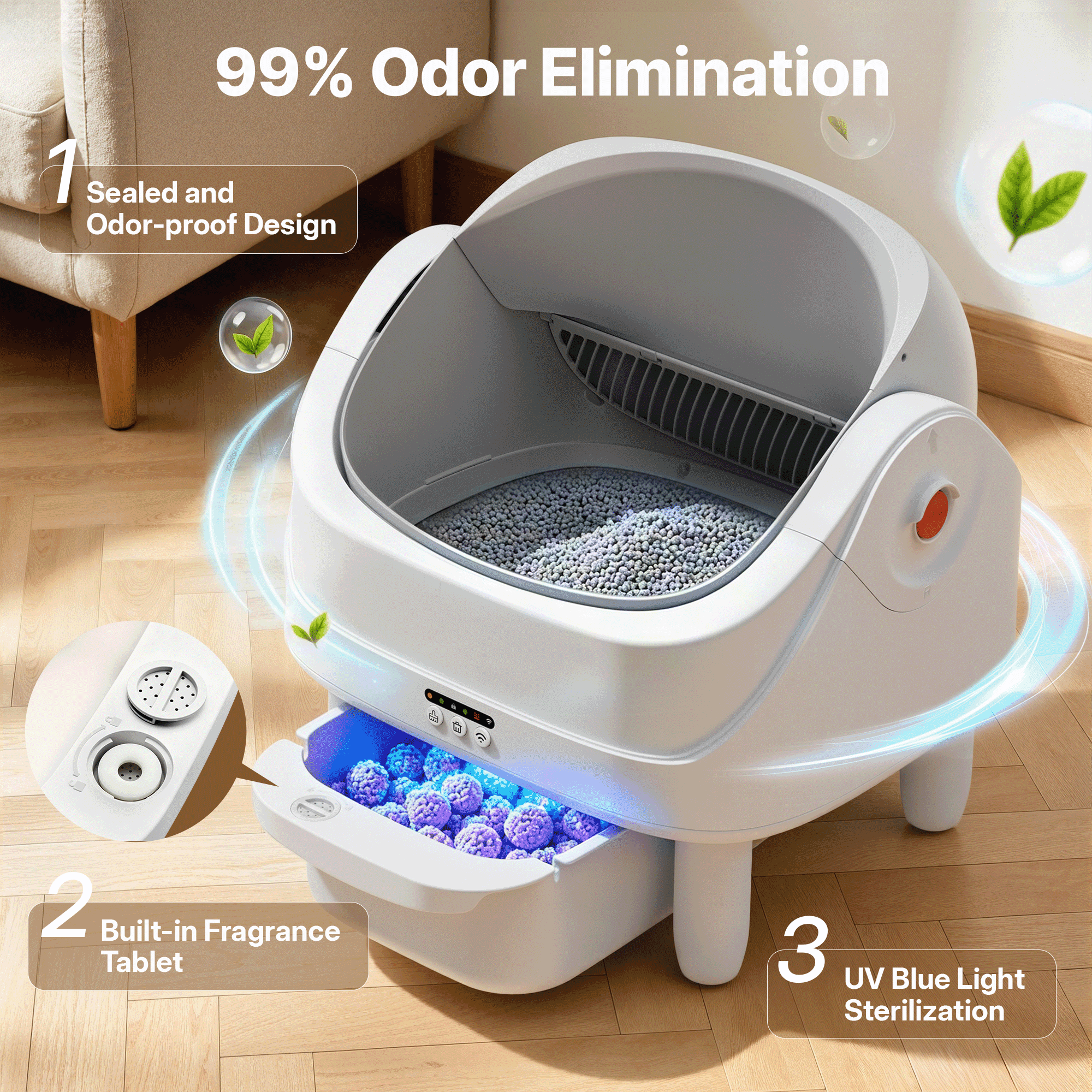 Campmoy Automatic Cat Litter Box Self Cleaning, Open Top Self Cleaning Kitty litter box for multiple cats, Smart App Control, Odor Control,11L Large Waste Bin, UV Blue Light , No Assembly