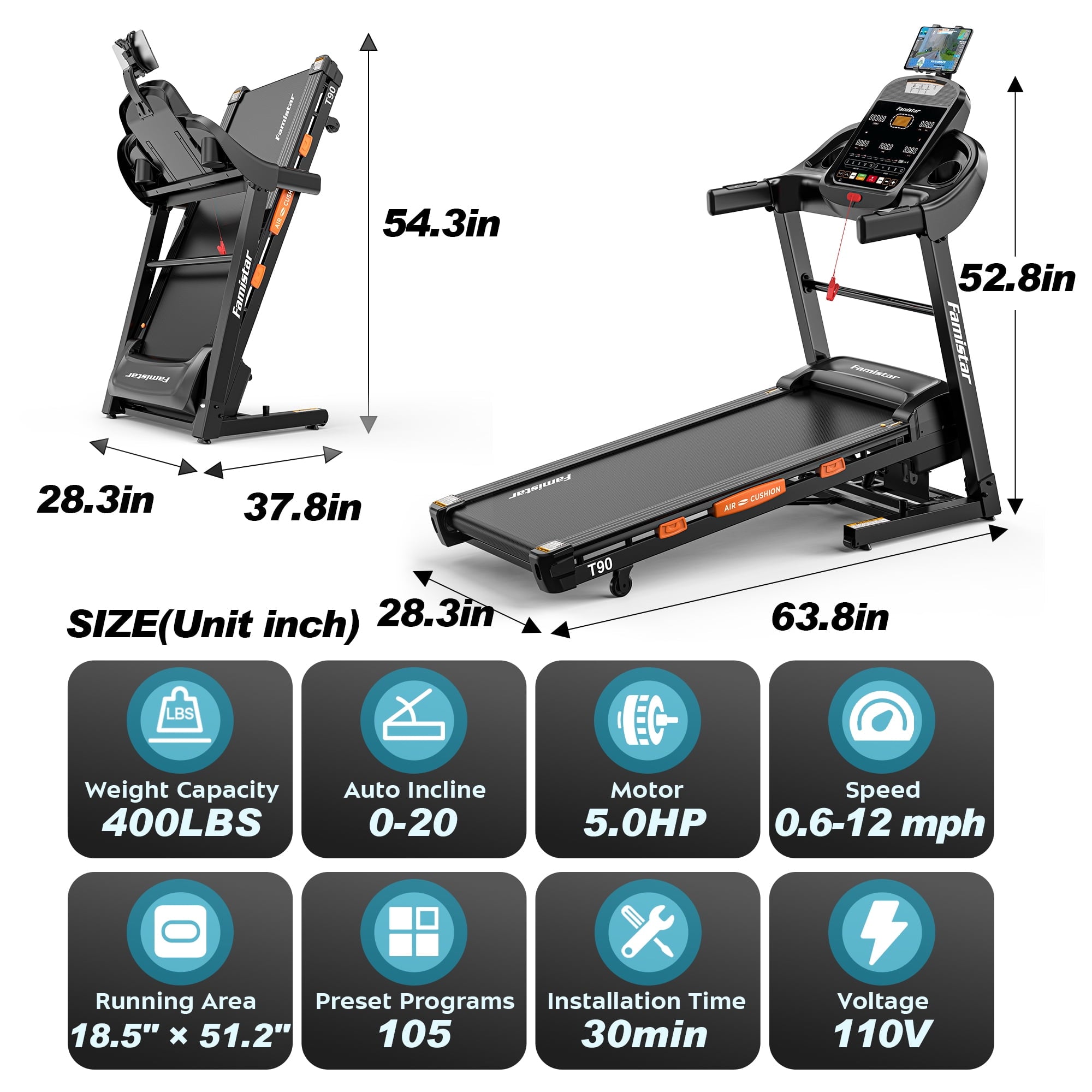 FaayFian  Foldable Treadmill with 20-Level Auto Incline, 12 MPH Max Speed, Bluetooth APP Control, Easy 4-Step Assembly, 400 LBS Capacity, Soft-Drop System, and 99999-Step Tracking