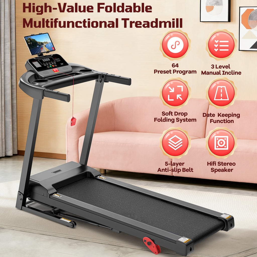 FaayFian 3HP Portable Folding Treadmill for Home&Office, LCD Display , 300 lbs Treadmill with Incline, 64 Programs, APP Control, Tablet Holder, 7.5MPH, Exercise Equipment for Walking, Jogging, Running