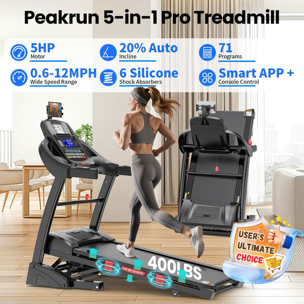 Campmoy 5HP Foldable Treadmill for Home w/ 15% Auto Incline, 400lbs Capacity, 10MPH Portable Treadmill, 64+7 Programs, Personalized Workout with APP, Running Walking treadmill