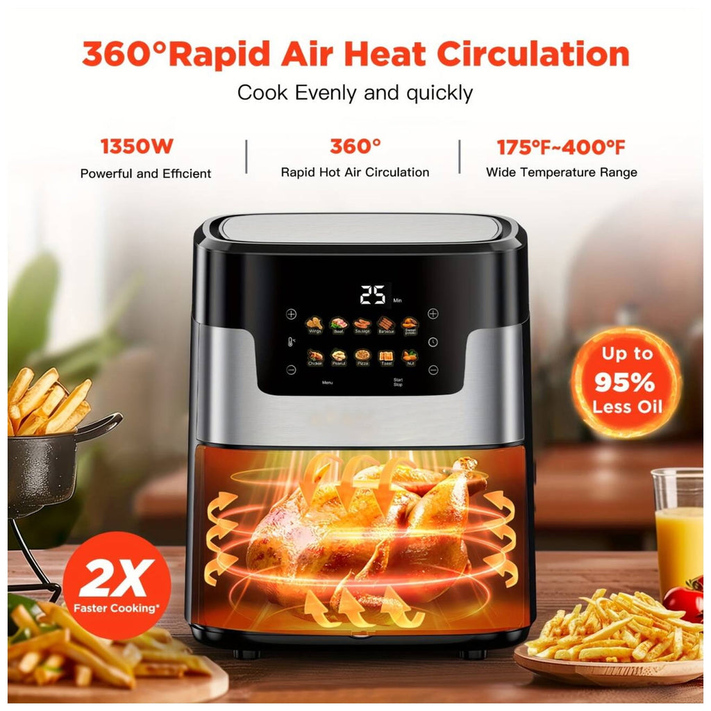 WNANEEZ Air Fryer 7.5 QT with Window & Light – Oil-Free Large Digital Air Fryer Oven for Family Meals, Easy to Use & Clean, Nonstick Basket + 100 Liners, 10-in-1 Countertop Air Fryer
