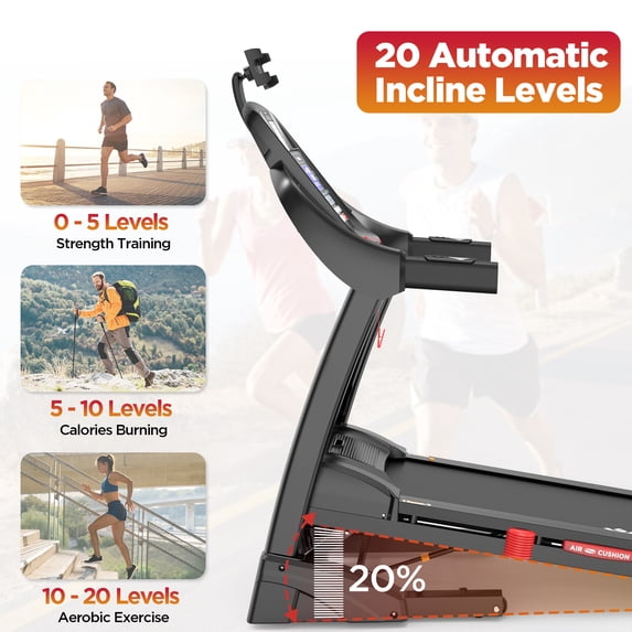 AQUGOKS Auto Incline Treadmill - 5HP Folding Treadmill for Home, 400 LBS Capacity, 12 MPH Speed, 20% Auto Incline, 71 Preset Programs, Bluetooth App