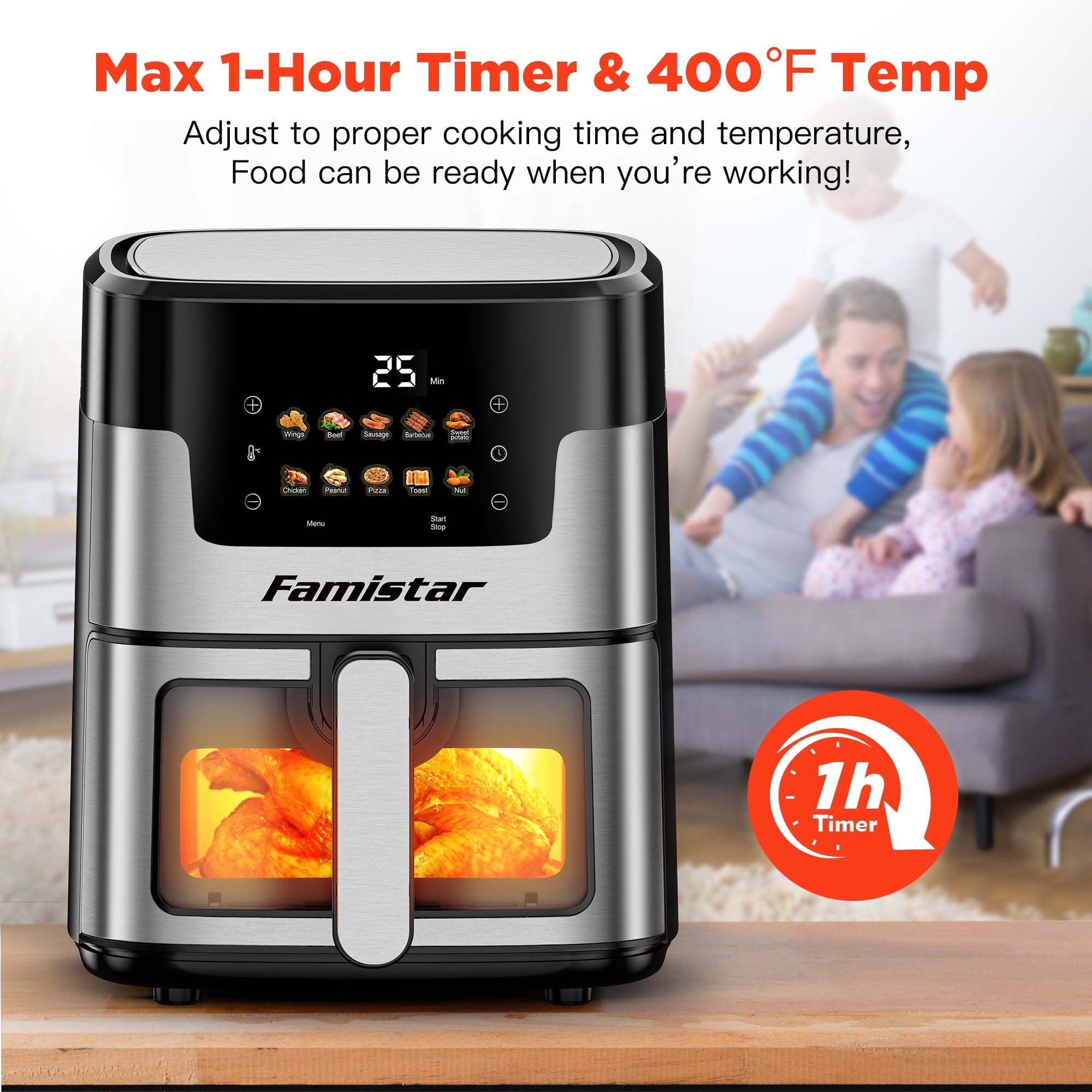 Famistar Air Fryer, 7.5QT Air Fryer Oven Oilless Cooker, 10-in-1 Hot Air Fryers with Digital LED Touch Screen, 10 Preset Cookings, Dishwasher-Safe Basket, Including Air Fryer Paper Liners 100PCS