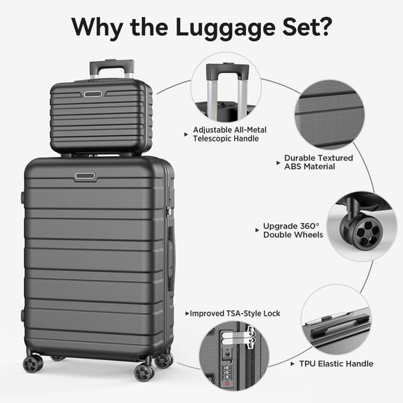 ODYAAZ Luggage Sets 11 Piece, Hardside ABS Durable Suitcases Sets, Lock Travel Checked Luggage Carry on Luggage Sets Black