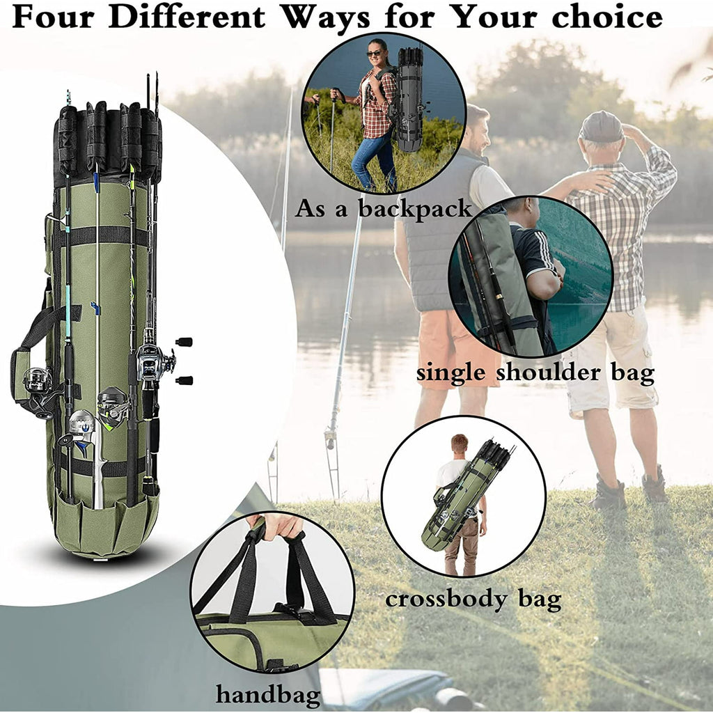 MAJUNES Fishing Bag, Durable Canvas Fishing Rod Bag, Fishing Rod Case Holds 5 Poles and Tackle, Green