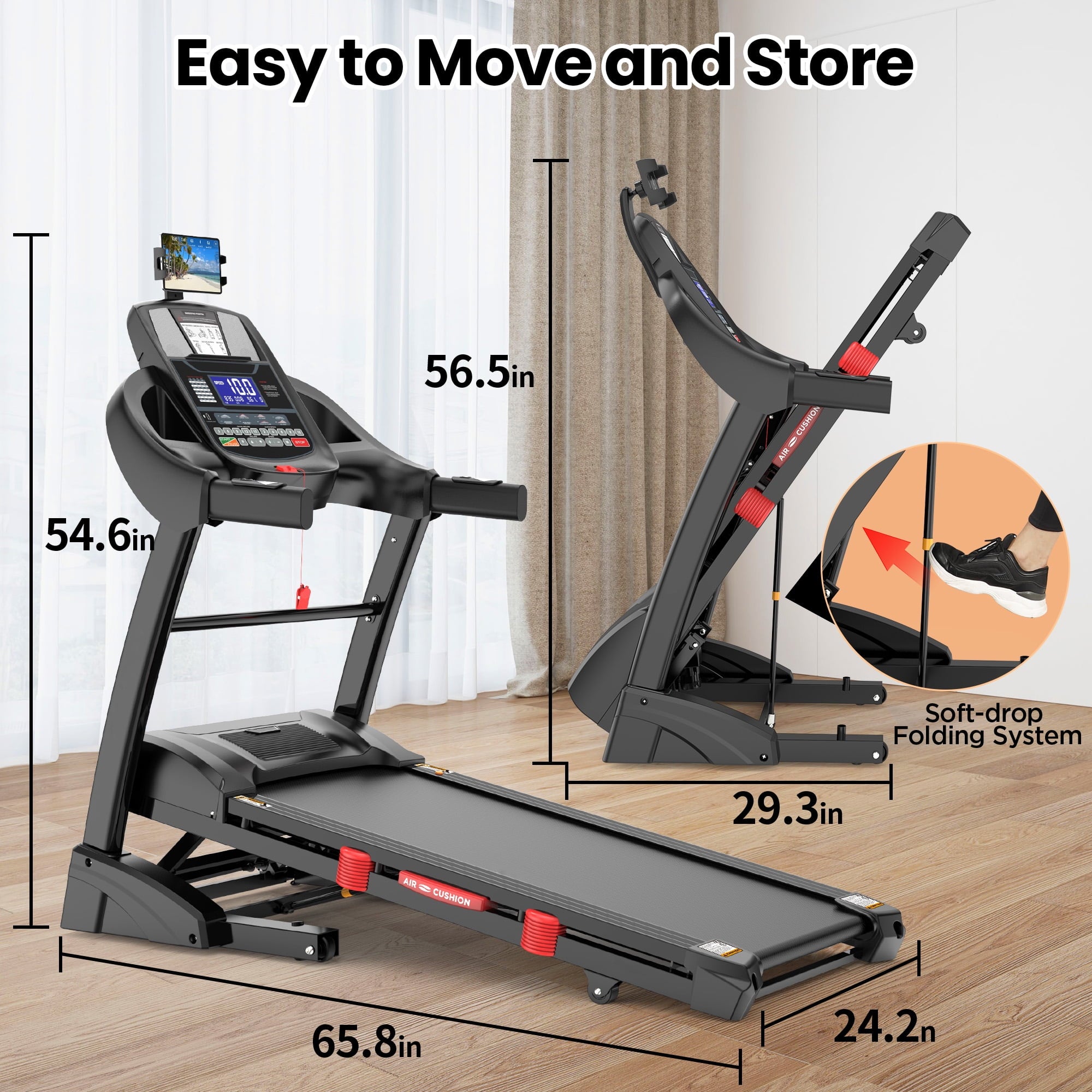 ODYAAZ 10MPH Folding Treadmill w/ 15% Auto Incline, 300lb Capacity, Treadmill for Home Portable Foldable Exercise Equipment Running Walking Machine, APP Control, 64 Programs, HiFi Bluetooth Speakers