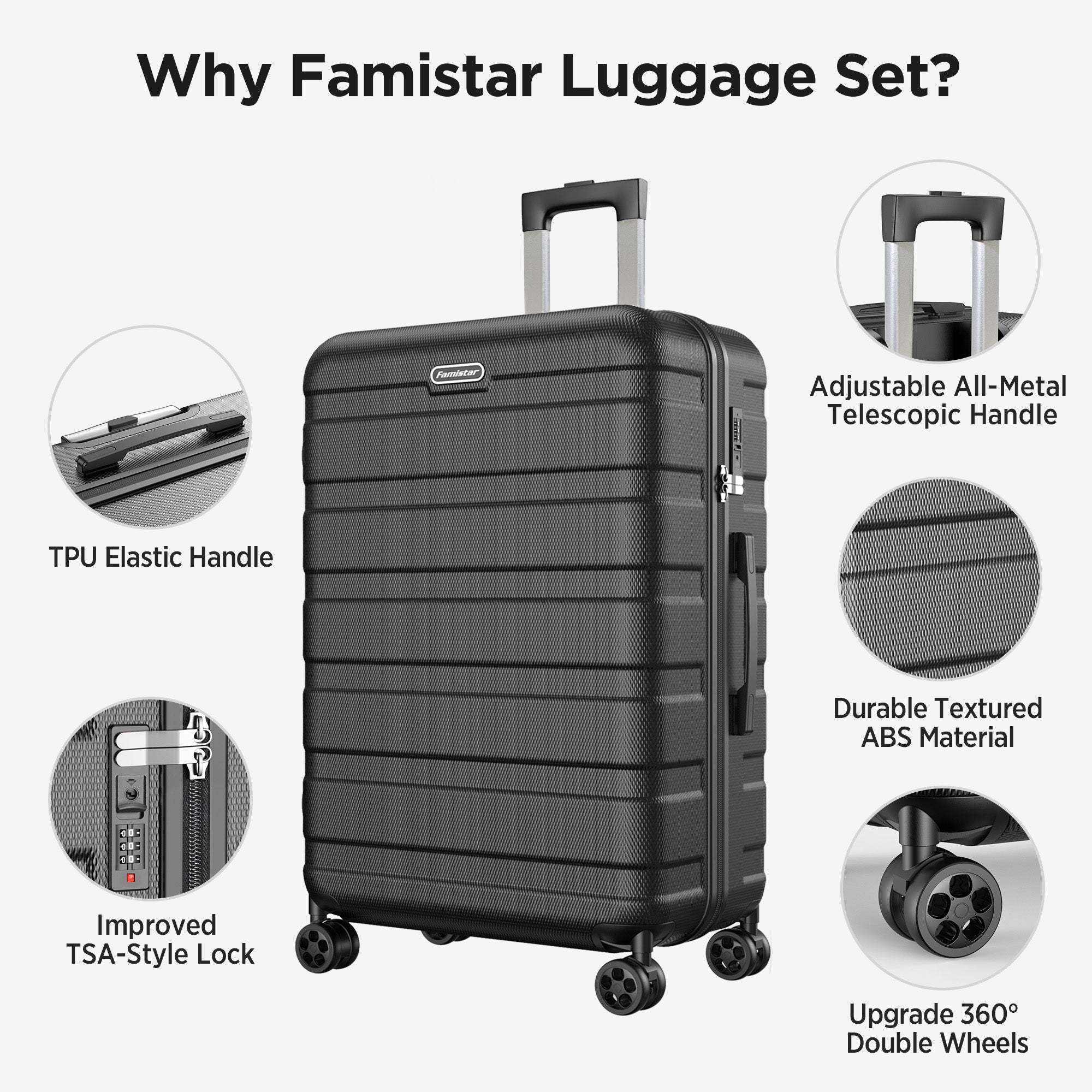 Famistar 4 PCS Hardshell Luggage Suitcase Set with 360° Double Spinner Wheels Integrated TSA Lock, 14” Travel Case, 20" Carry-On Luggage, 24" Checked Luggage and 28" Checked Luggage, Black