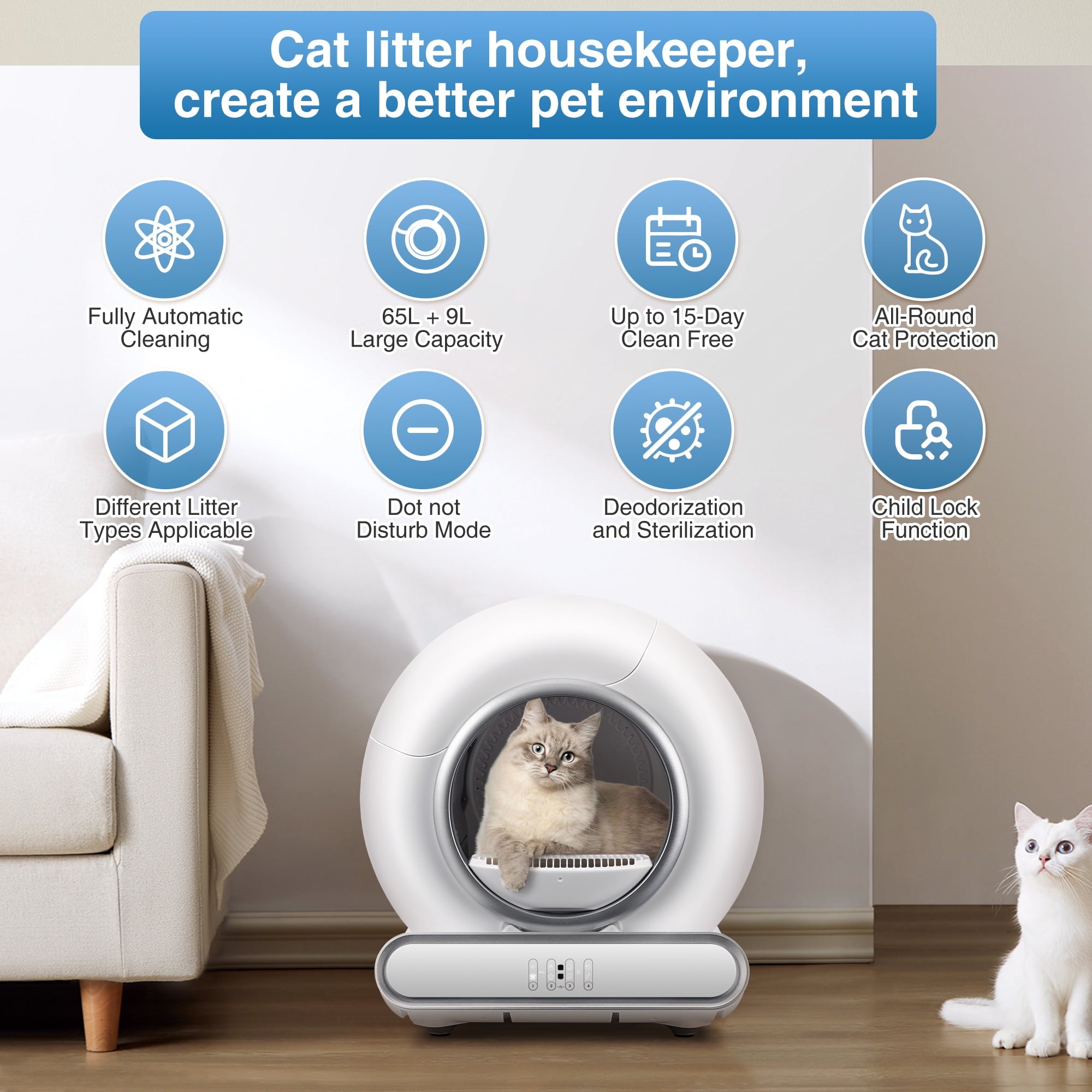 WNANEEZ Smart Automatic Cat Litter Box, Self-Cleaning, Multi-Cat Friendly, Odor-Removing, APP Controlled, White