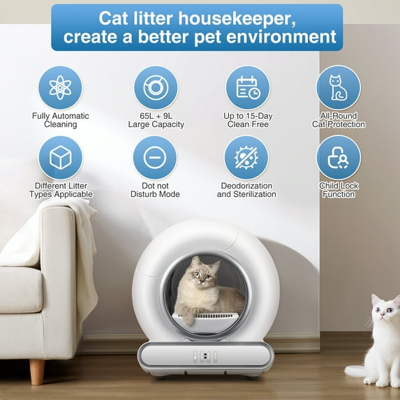 Campmoy Self Cleaning Cat Litter Box, 65L+9L Automatic Litter Box for Multiple Cats, Ion Deodorization, Safety Sensor, APP Control, Health Monitoring, Quiet Operation, Includes 2 Liner Rolls