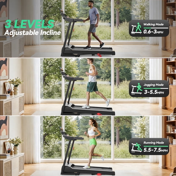 AQUGOKS Foldable Home Treadmill, 0.6–7.5 MPH Running Walking Pad with 9% Incline, 3.0HP Brushless Motor, Bluetooth Speaker & App Connected, 300 LB Capacity, LCD Display, 6 Workout Modes & 12 HIIT Programs