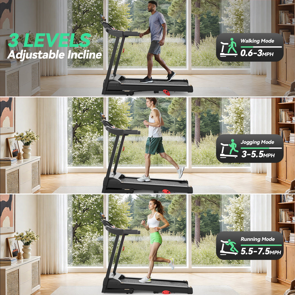 AQUGOKS Folding Treadmill 300LB Capacity, 3.5HP Quiet Motor, 0.6–7.5 MPH, 9% Manual Incline, Smart App Sync, Compact Portable Treadmill for Home & Apartment Use