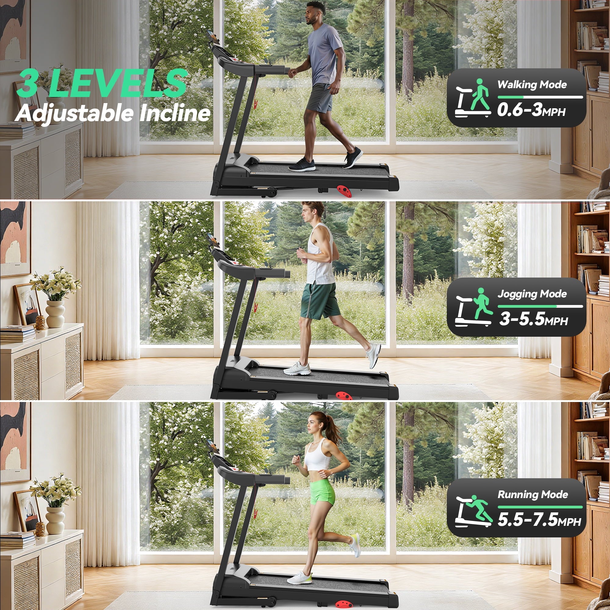 AQUGOKS Folding Treadmill 300LB Capacity, 3.5HP Quiet Motor, 0.6–7.5 MPH, 9% Manual Incline, Smart App Sync, Compact Portable Treadmill for Home & Apartment Use