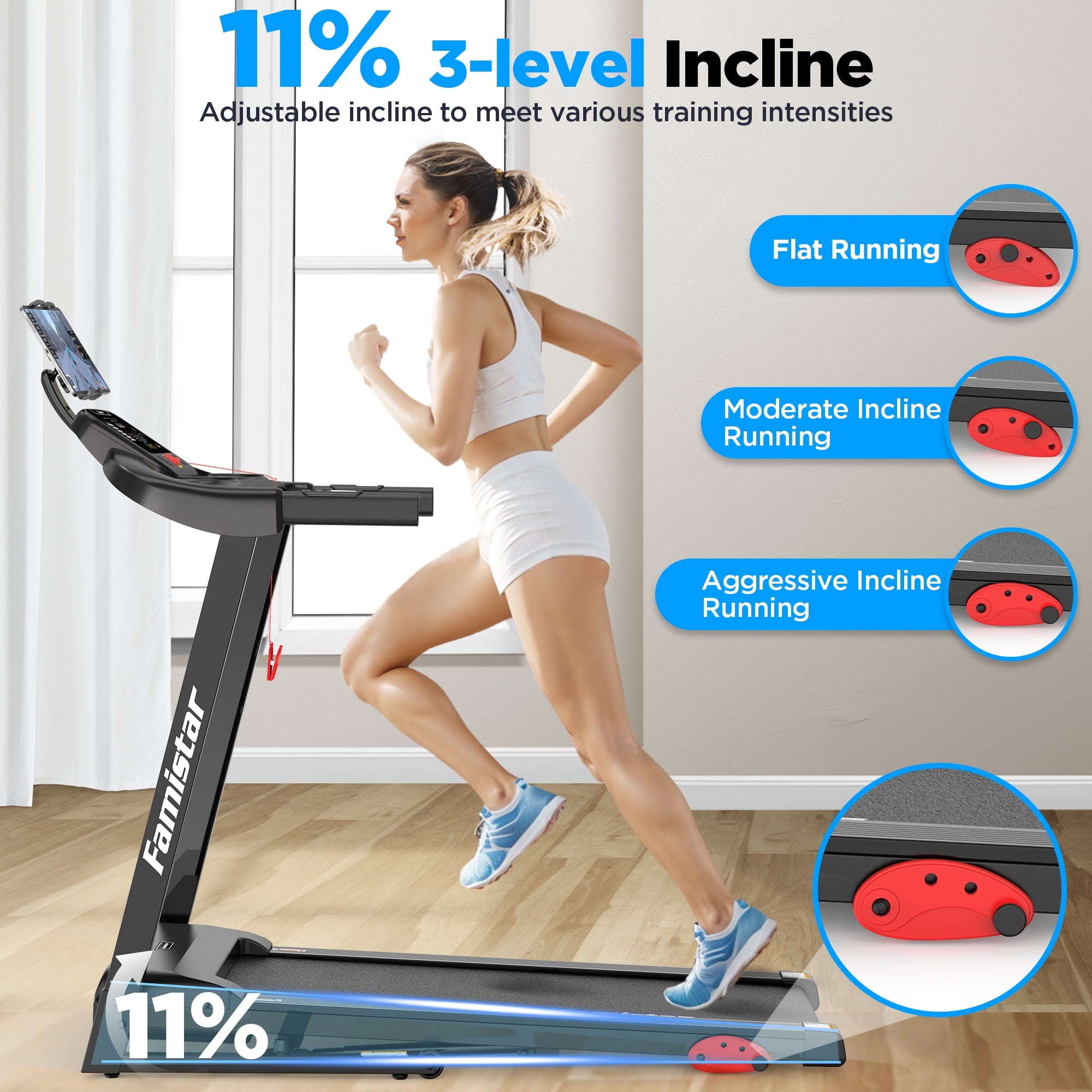 Famistar 3.7HP Folding Treadmill for Home w/ APP Control, 300lbs Capacity, Adjustable Incline, 64+7 Programs, Bluetooth Speakers, Electric Treadmill Running Machine, Fan & Knee Strap Gift
