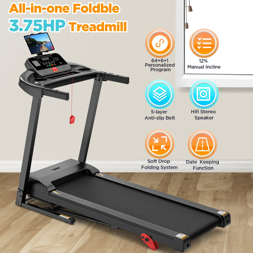 Famistar 3.75HP Treadmill 300lb Capacity, Incline Folding Treadmill, 64+7 Smart Program, 7.5MPH Speed, Smart APP Control, Treadmill for Home Jogging Walking w/ HiFi Speakers, Free Knee Pads