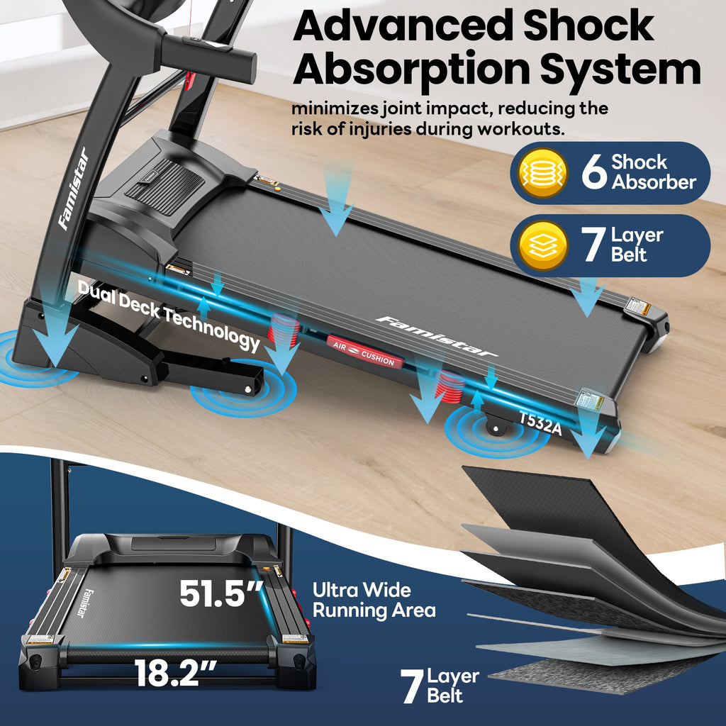 Famistar 15% Auto Incline Treadmill 5.1HP for Home, Folding Treadmill w/ 300LB Capacity, Dual HiFi Speaker, App Control w/ Virtual Running, 64+7 Programs, 6 Point Shock-absorbing Cushions, Portable Treadmill
