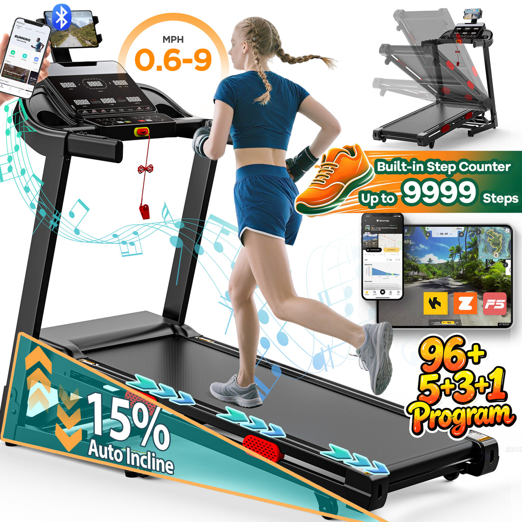 15% Auto Incline Treadmill for Home, 4.0HP Folding Treadmill 400lbs Capacity, 0.6-9MPH, 105 Programs, APP Control, Shock Absorption, Home&Office