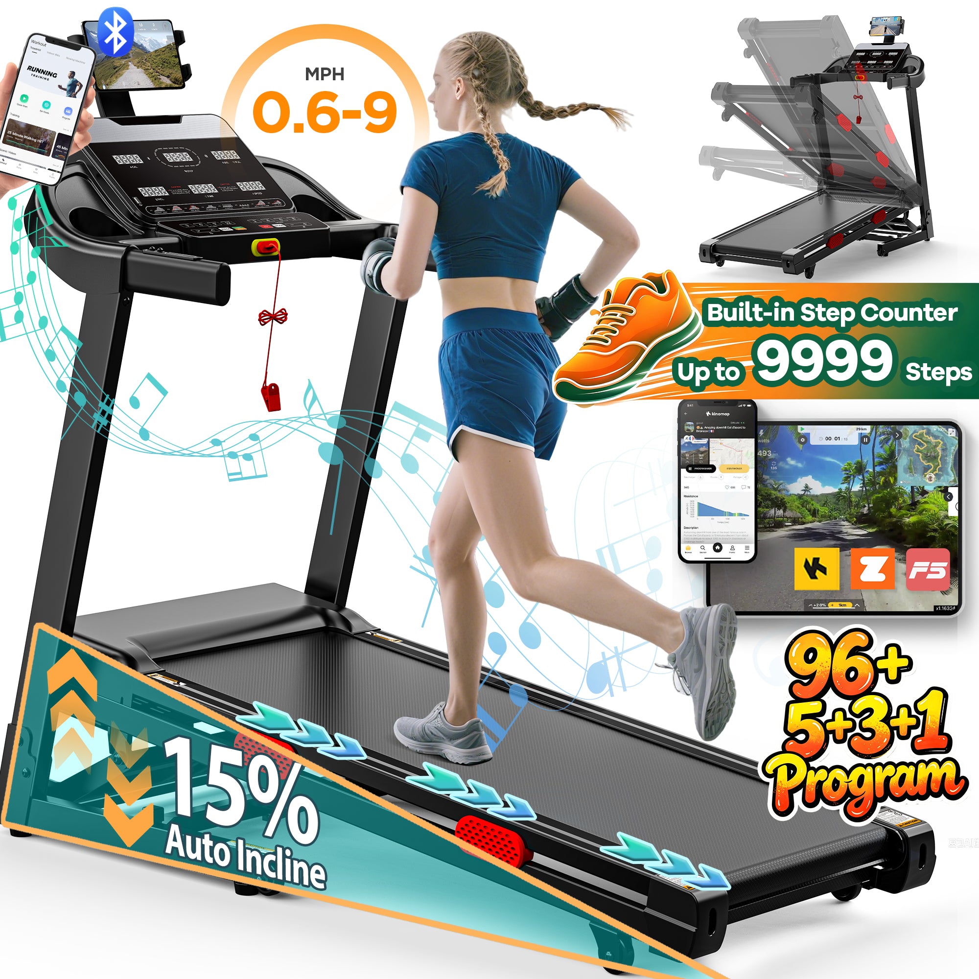 15% Auto Incline Treadmill for Home, 4.0HP Folding Treadmill 400lbs Capacity, 0.6-9MPH, 105 Programs, APP Control, Shock Absorption, Home&Office