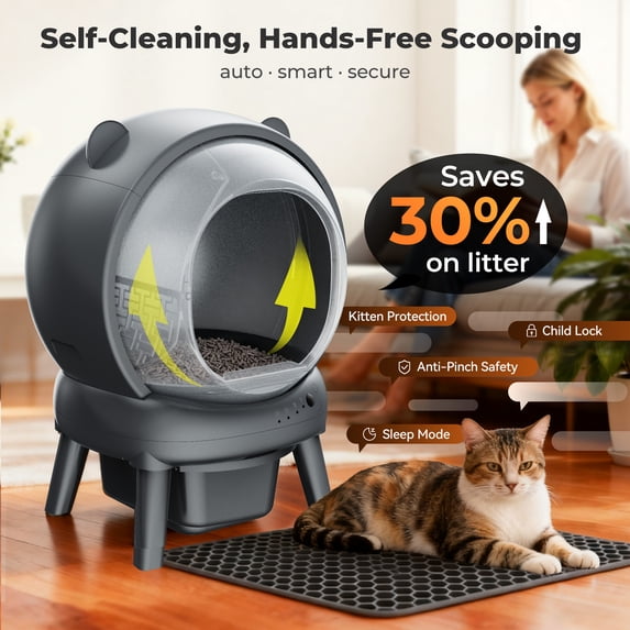 FaayFian Automatic Cat Litter Box - Self Cleaning cat Litter Box for Multiple Cats, APP Real-Time Monitor, Weight Monitoring, Safe Anti-Pinch Liners, liners and Mat Included