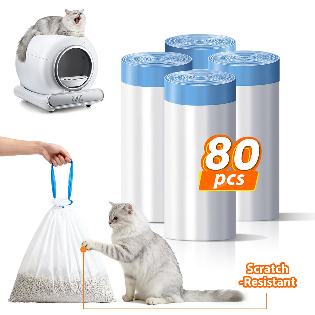ODYAAZ 80 Count Cat Litter Waste Bags, Cat Litter Waste Receptacles Bags for Automatic Self-Cleaning Litter Boxes, White Drawstring Bags, Tear-Resistant for Everyday Litter Box Cleaning（4 Packs/80 Counts）