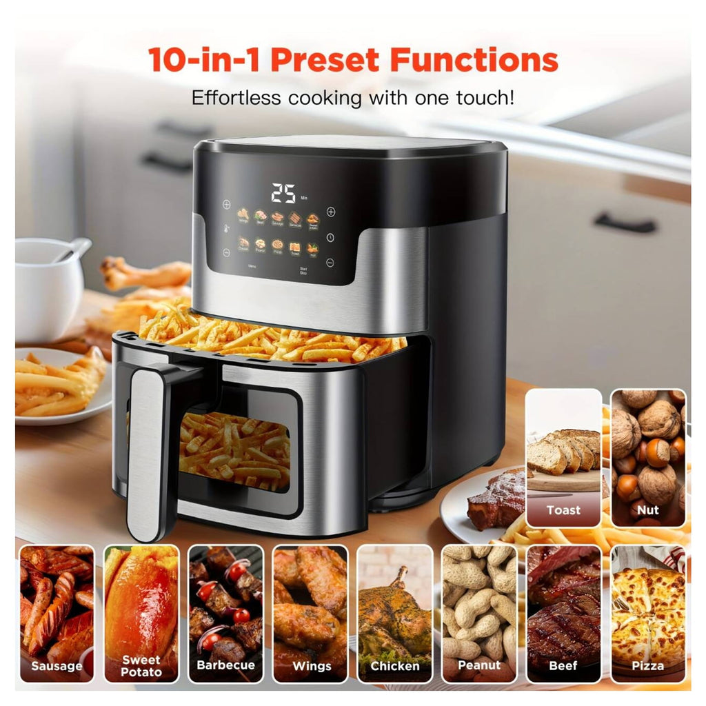 WNANEEZ Air Fryer 7.5 QT with Window & Light – Oil-Free Large Digital Air Fryer Oven for Family Meals, Easy to Use & Clean, Nonstick Basket + 100 Liners, 10-in-1 Countertop Air Fryer