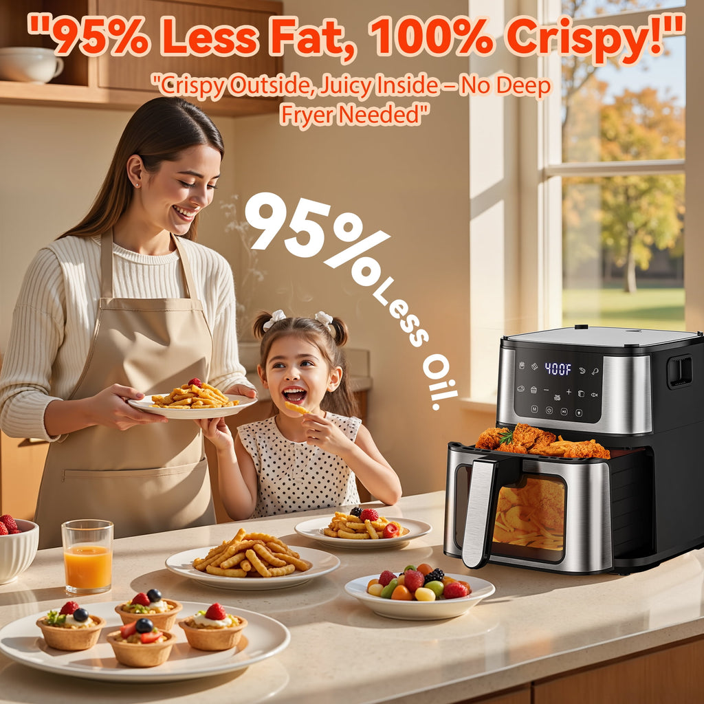 7QT Big Capacity 2-in-1 Air Fryer Grill Combo with Viewing Window, 8 Presets, 95% Less Oil, Non-stick Basket with 100 Liners – XL Family Size for Healthy Cooking (Black)