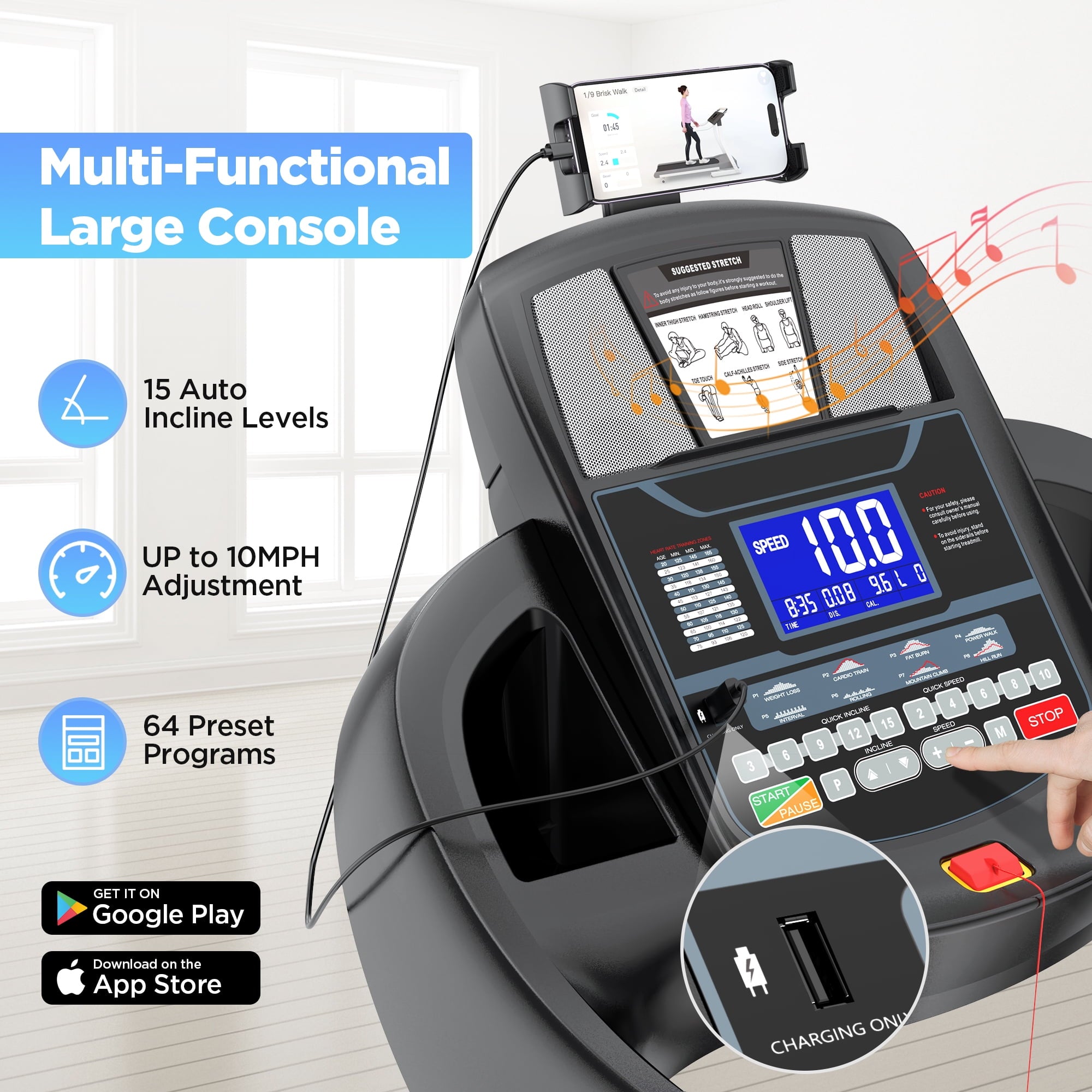 WNANEEZ Foldable Treadmill with Auto Incline, 300LB Capacity, 4.5HP&10MPH Speed, Smart APP Control, 64+3+3+1 Programs, Equipment for Running Walking Jogging