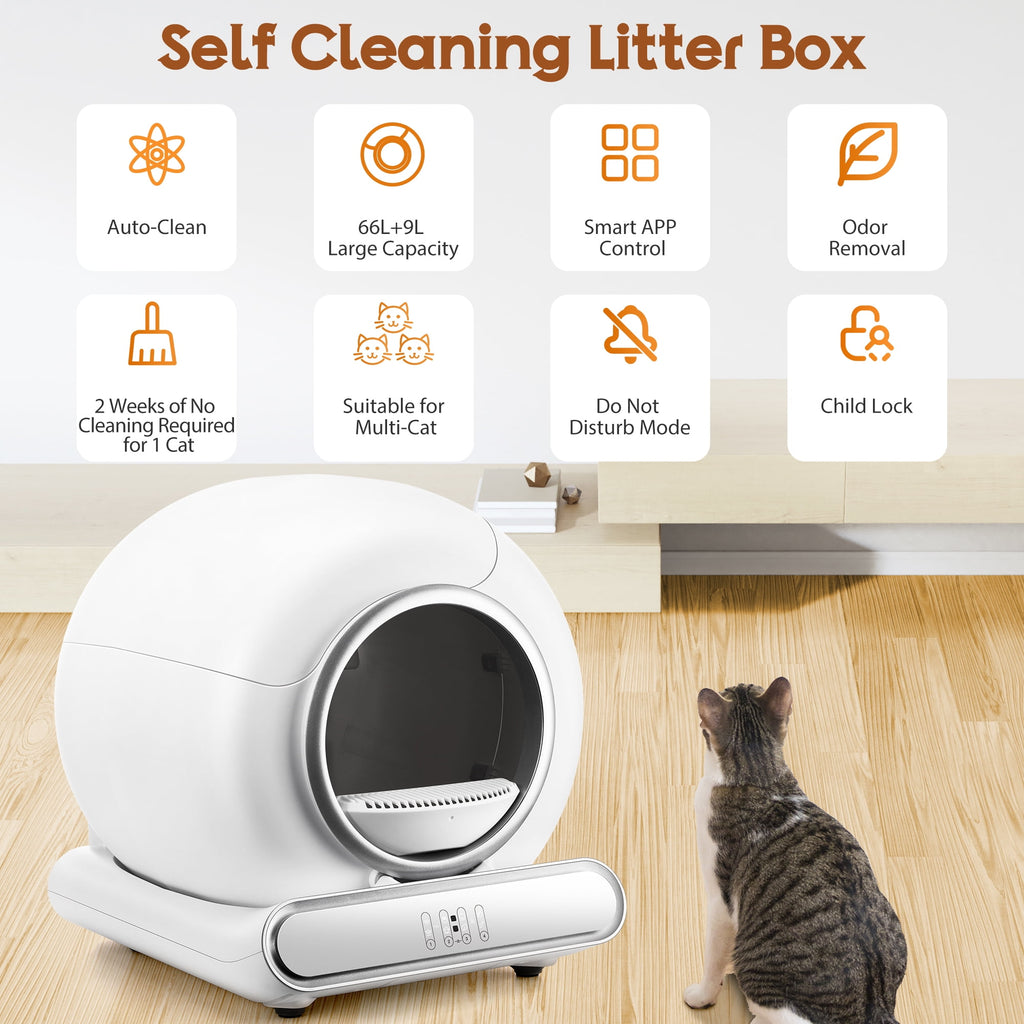 Campmoy Self Cleaning Cat Litter Box, Automatic Litter Box w/ Liner, Dual Sensor Protection for Multi Cat, APP+ Panel Control, Odor Removal, Health Monitoring, Large Capacity Litter Box