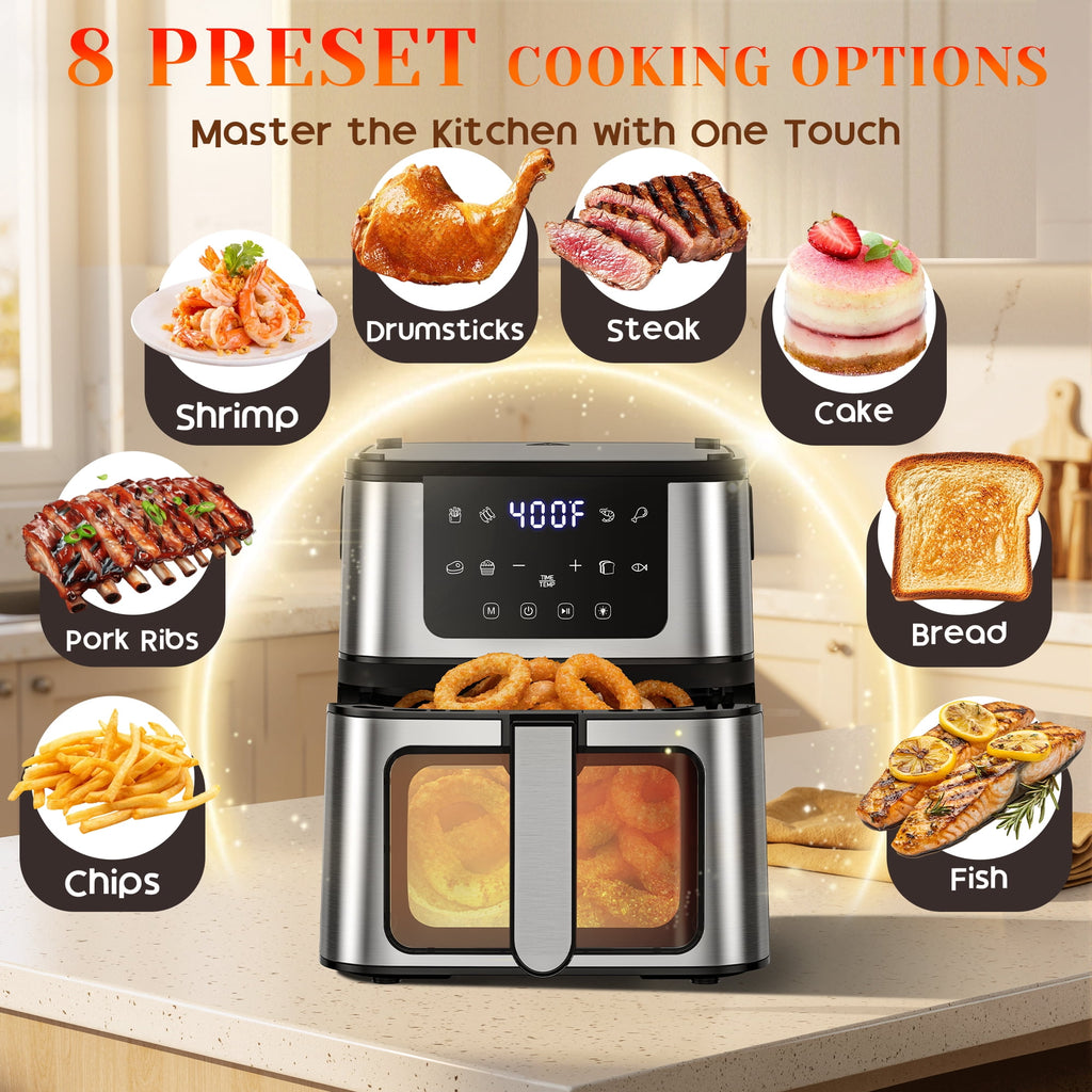 AQUGOKS 2-in-1 Air Fryer Grill Combo with Flip Plate, Viewing Window, 8 Presets, Nonstick Basket, 100 Liners Gift, Healthy Oil-Less Cooking for Family Meals