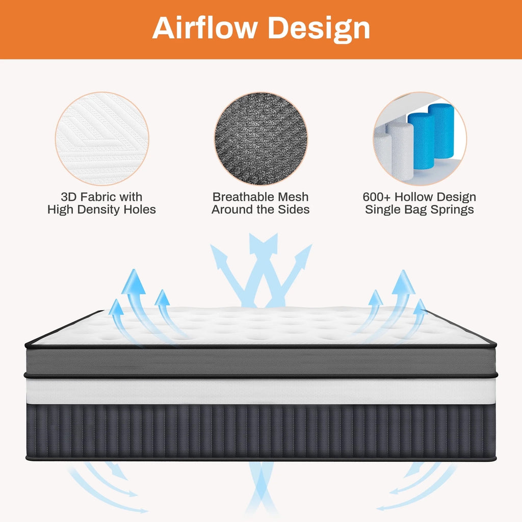 Campmoy 14 Inch Queen Mattress in a Box, Hybrid Memory Foam & Pocket Spring Mattress, Breathable Fabric, Motion Isolation, Medium Firm with Zoned Pressure Relief, Edge Support