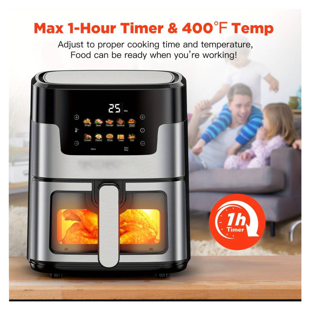 WNANEEZ Air Fryer 7.5 QT Large Capacity Digital Hot Air Oven with Window & Light, Family Size Oil-Free Air Fryer with 10 Presets, Nonstick Easy Clean Basket, 100 Liners, Black