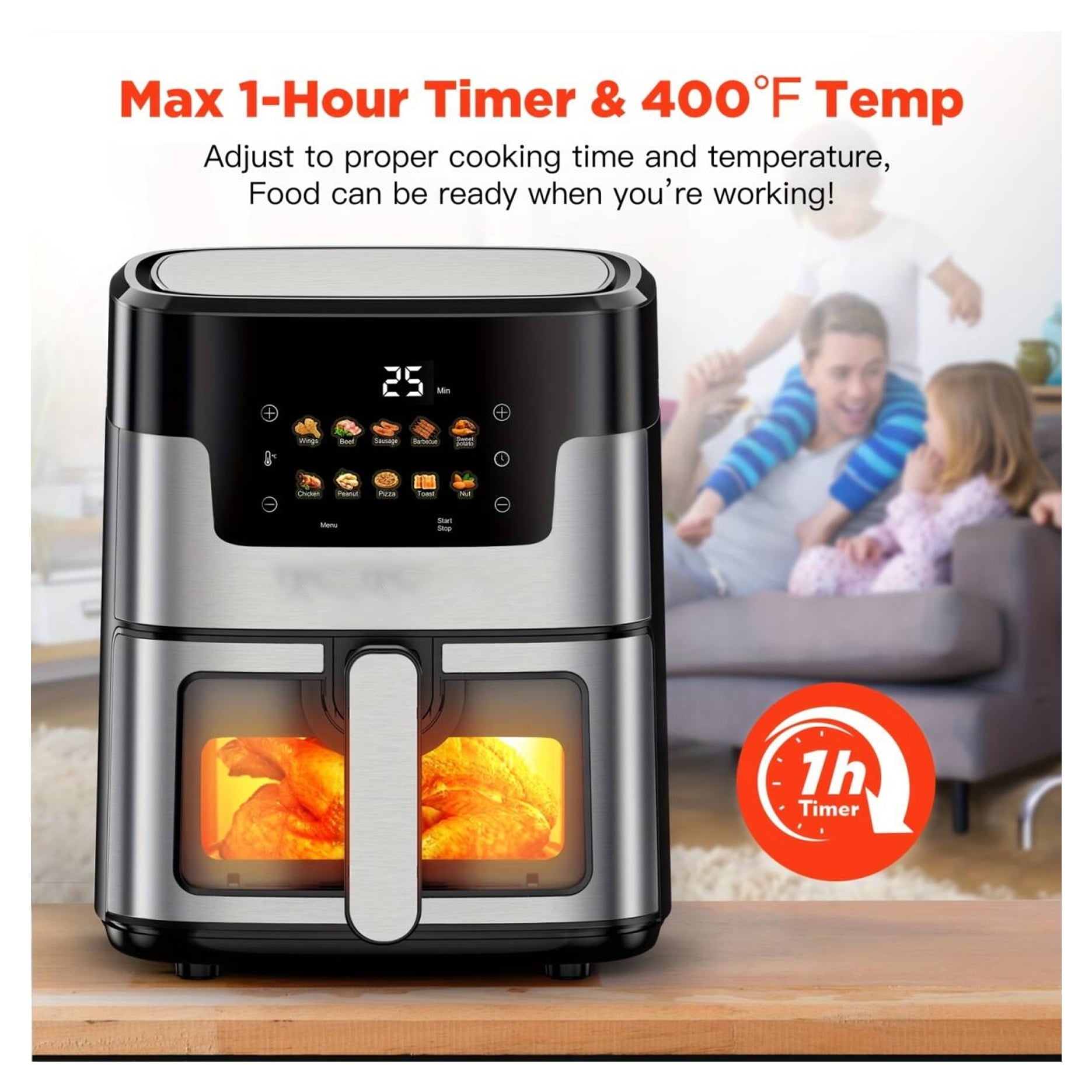WNANEEZ Portable 7.5 QT Air Fryer Oven with 10 Preset Cookings, 10-in-1 Touch Screen, Visible Window, Dishwasher-Safe, Oiless Hot Air Fryer, Includes 100Pcs Paper Liners