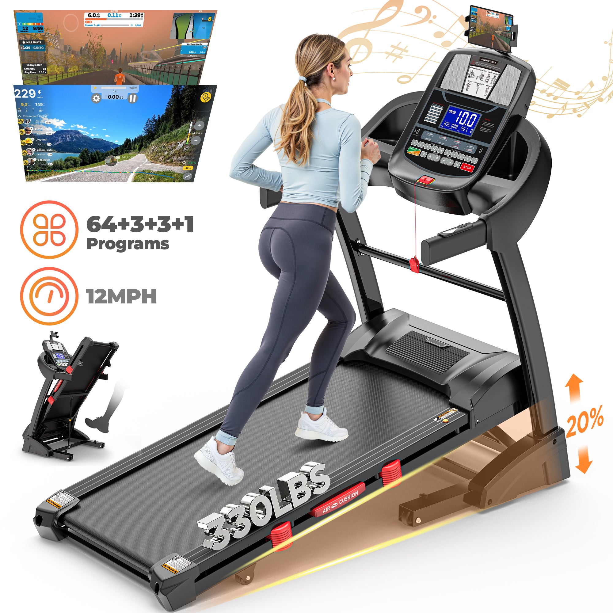Folding Treadmill for Home with 20% Auto Incline, 4.8HP Motor, 330 lb Capacity, 12MPH Speed, 71 Programs, Bluetooth, FREE APP Control, Adjustable Tablet Holder, Shock Absorption Deck, Knee Strap Gift