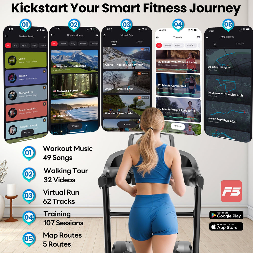 Famistar 15% Auto Incline Treadmill 5.1HP for Home, Folding Treadmill w/ 300LB Capacity, Dual HiFi Speaker, App Control w/ Virtual Running, 64+7 Programs, 6 Point Shock-absorbing Cushions, Portable Treadmill