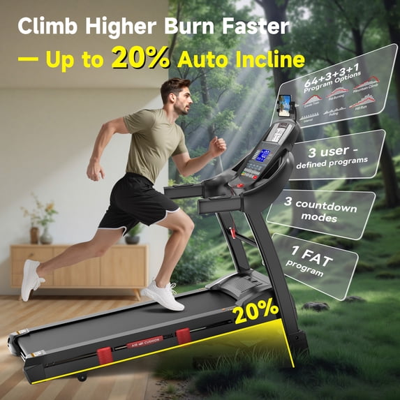 Qvamodo Treadmill for Home with 20% Auto Incline, 5.0HP Folding Treadmill 400lbs Capacity, LCD Display, 64+3+3+1 Programs, APP & Bluetooth, 0.6-12MPH