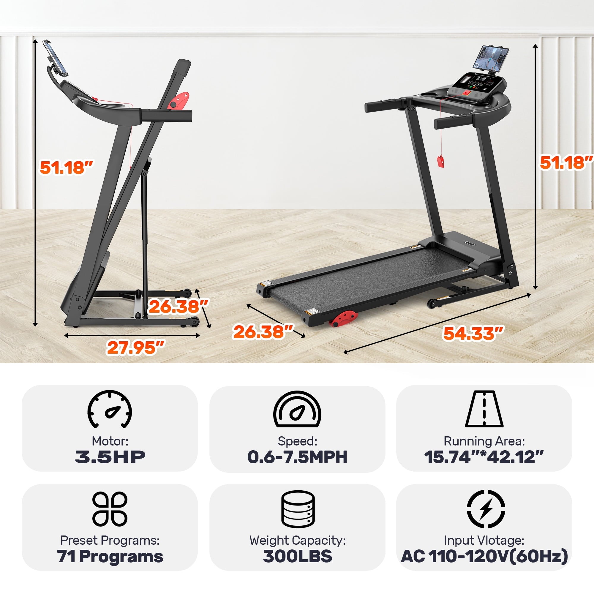Campmoy 300 lbs Capacity Treadmill for Home, 3.5HP Folding Treadmill w/ 71 Preset Workouts, APP with Free Train Courses, Dual HiFi Speakers, Exercise Equipment for Walking, Jogging, Running
