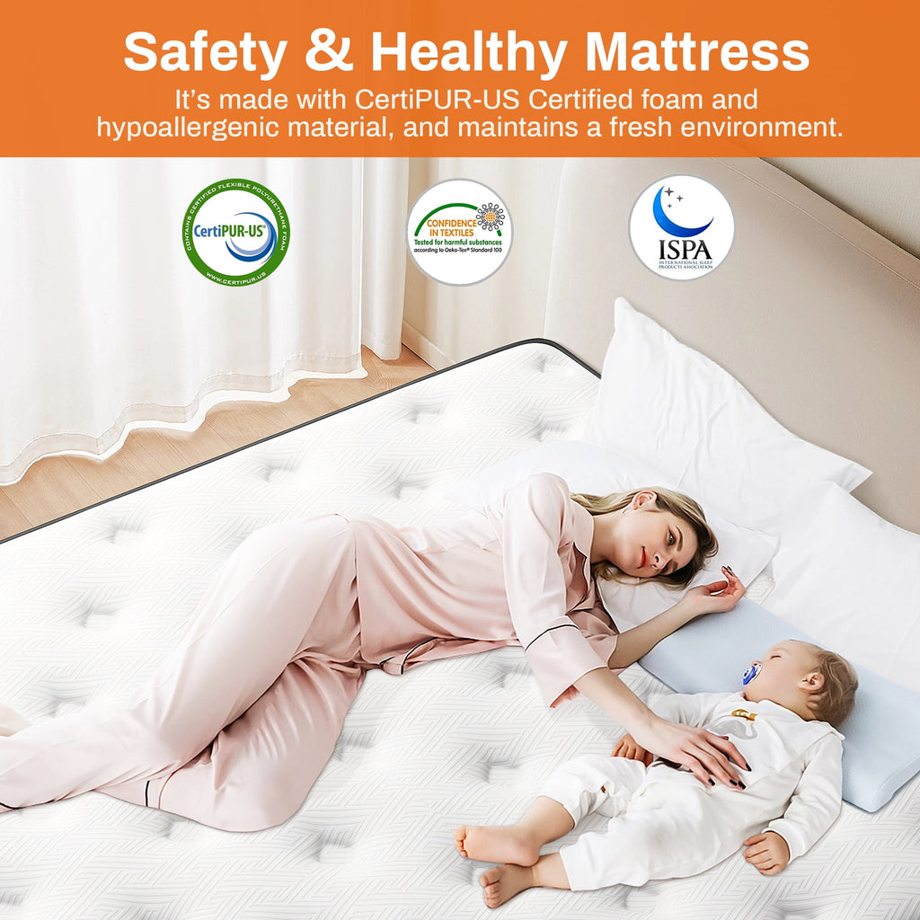 Qvamodo 14 inch King Size Hybrid Mattress, Cooling Memory Foam Mattress in a Box with Individually Pocket Springs CertiPUR-US Certified Medium Firm Breathable Pressure Relief White with Khaki Rim