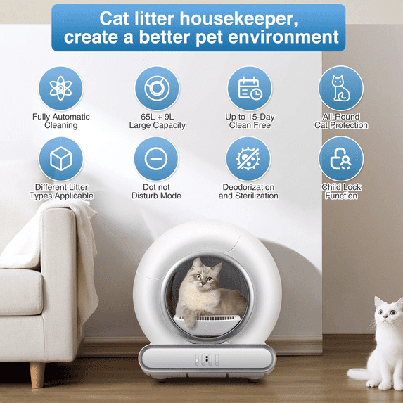 FaayFian Self Cleaning Cat Litter Box, 65+9L Large Capacity, Ultra Low 5.51” Entrance, Anti Pinch & Odor Control, App Controlled for Multi Cat Households