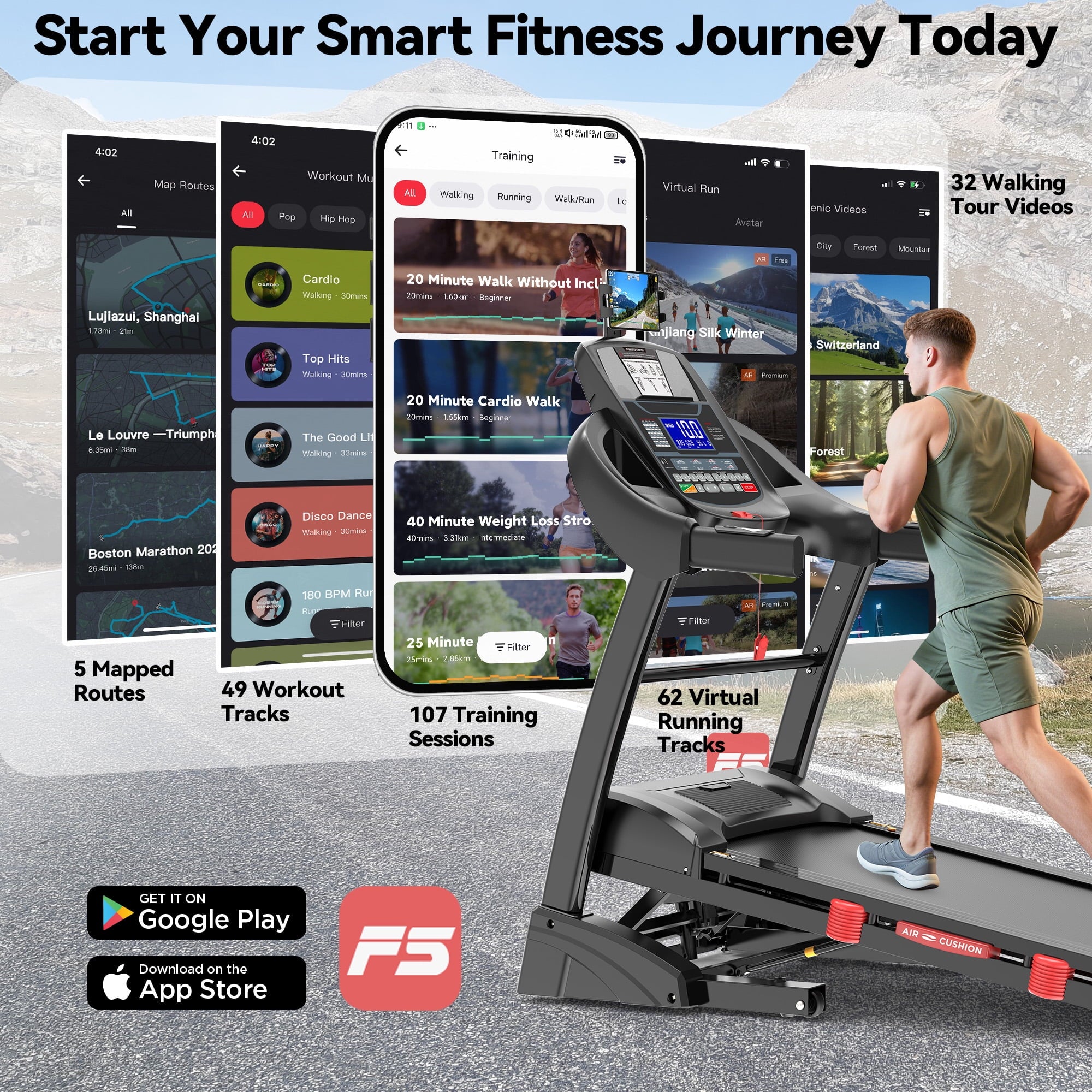 Famistar 15% Auto Incline Treadmill, 4.95HP Folding treadmill 300-400lb Capacity, 71 Smart Program, 10MPH Fast Speed, APP Control for Personalized Workout, Jogging Walking Home Treadmill w/ HiFi Speakers