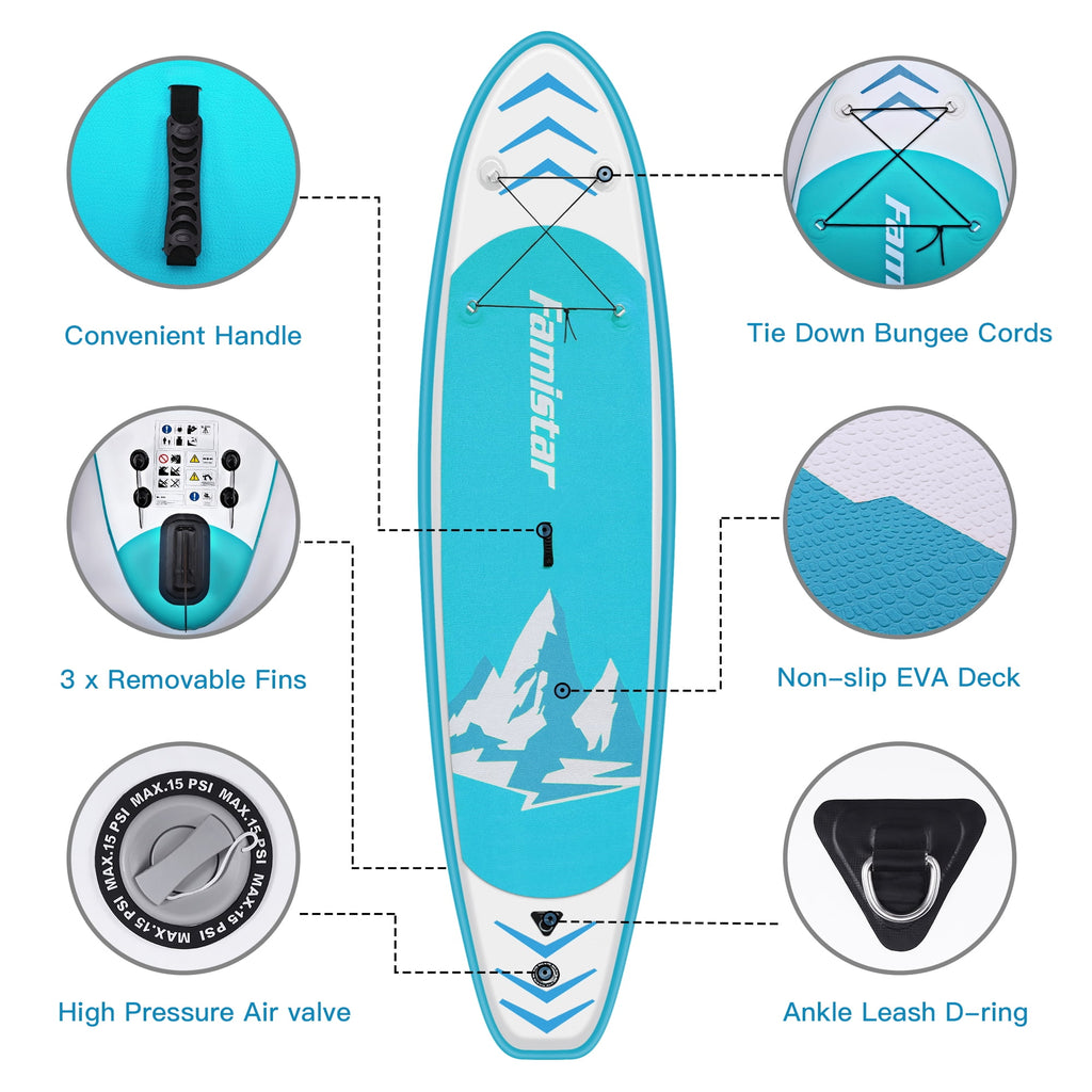 Famistar 12' Inflatable Stand Up Paddle Board SUP w/ 3 Fins, Adjustable Paddle, Pump & Carrying Backpack