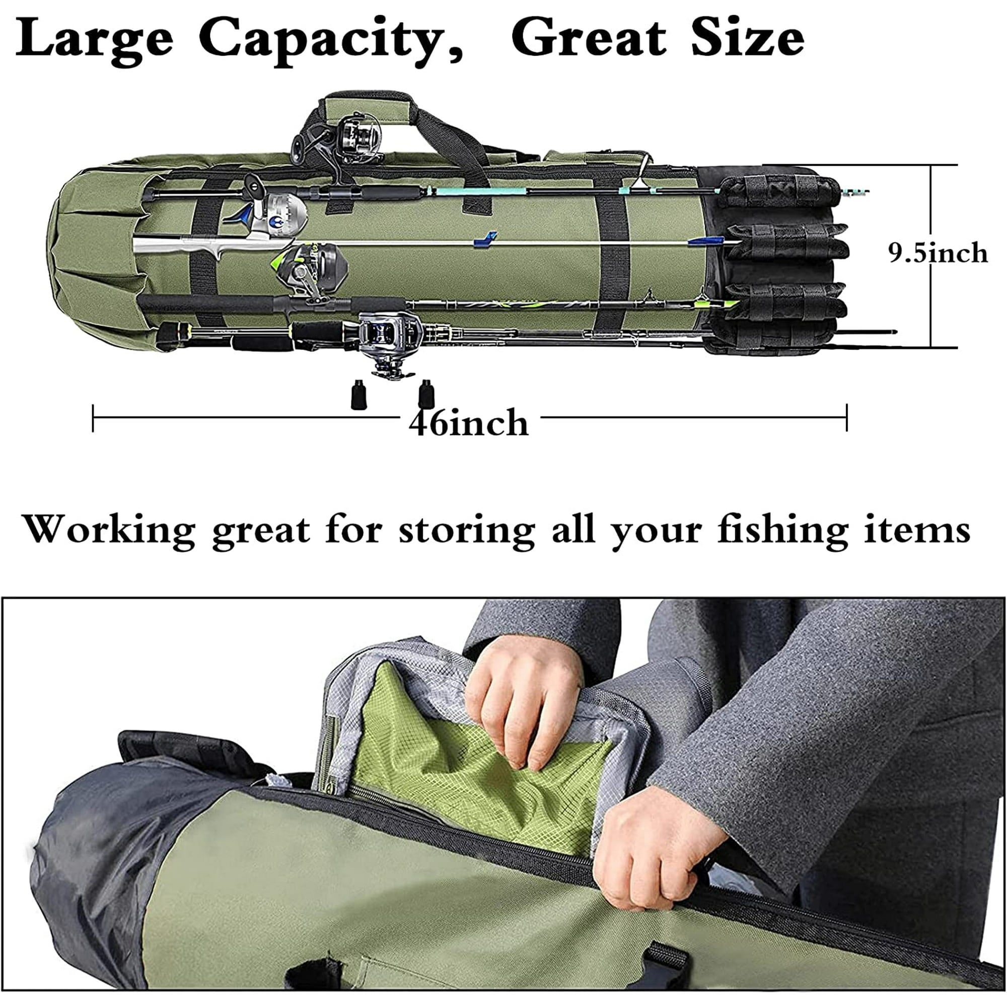 MAJUNES Fishing Bag, Durable Canvas Fishing Rod Bag, Fishing Rod Case Holds 5 Poles and Tackle, Green