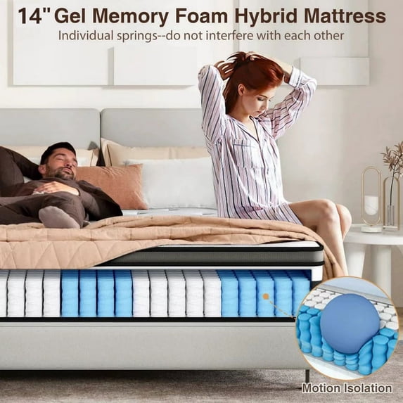 Qvamodo King Mattress, 14 Inch Hybrid Medium Firm King Size Bed in a Box - CertiPUR-US Certified Memory Foam, King Size mattress for Pressure Relief, Cooling Sleep, and Motion Isolation