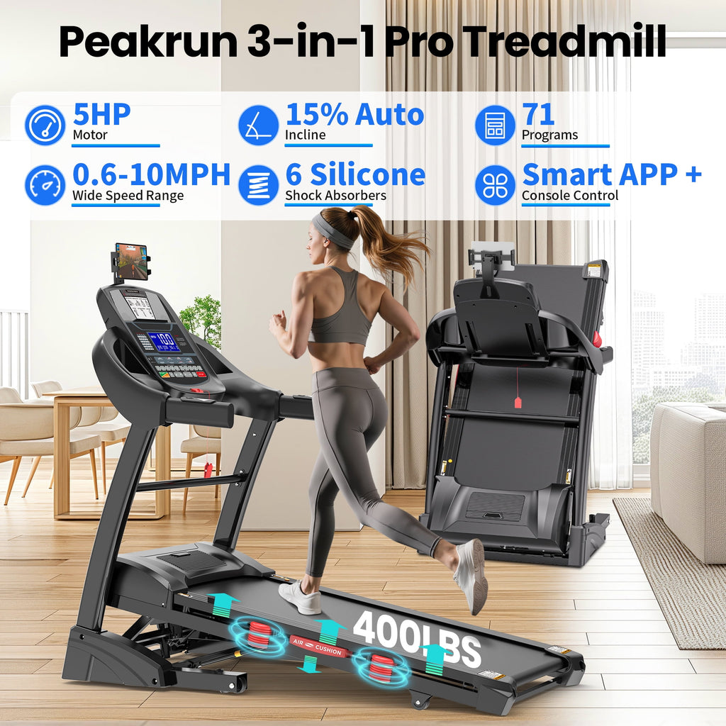 Campmoy 5HP Foldable Treadmill for Home w/ 15% Auto Incline, 400lbs Capacity, 10MPH Portable Treadmill, 64+7 Programs, Personalized Workout with APP, Running Walking treadmill