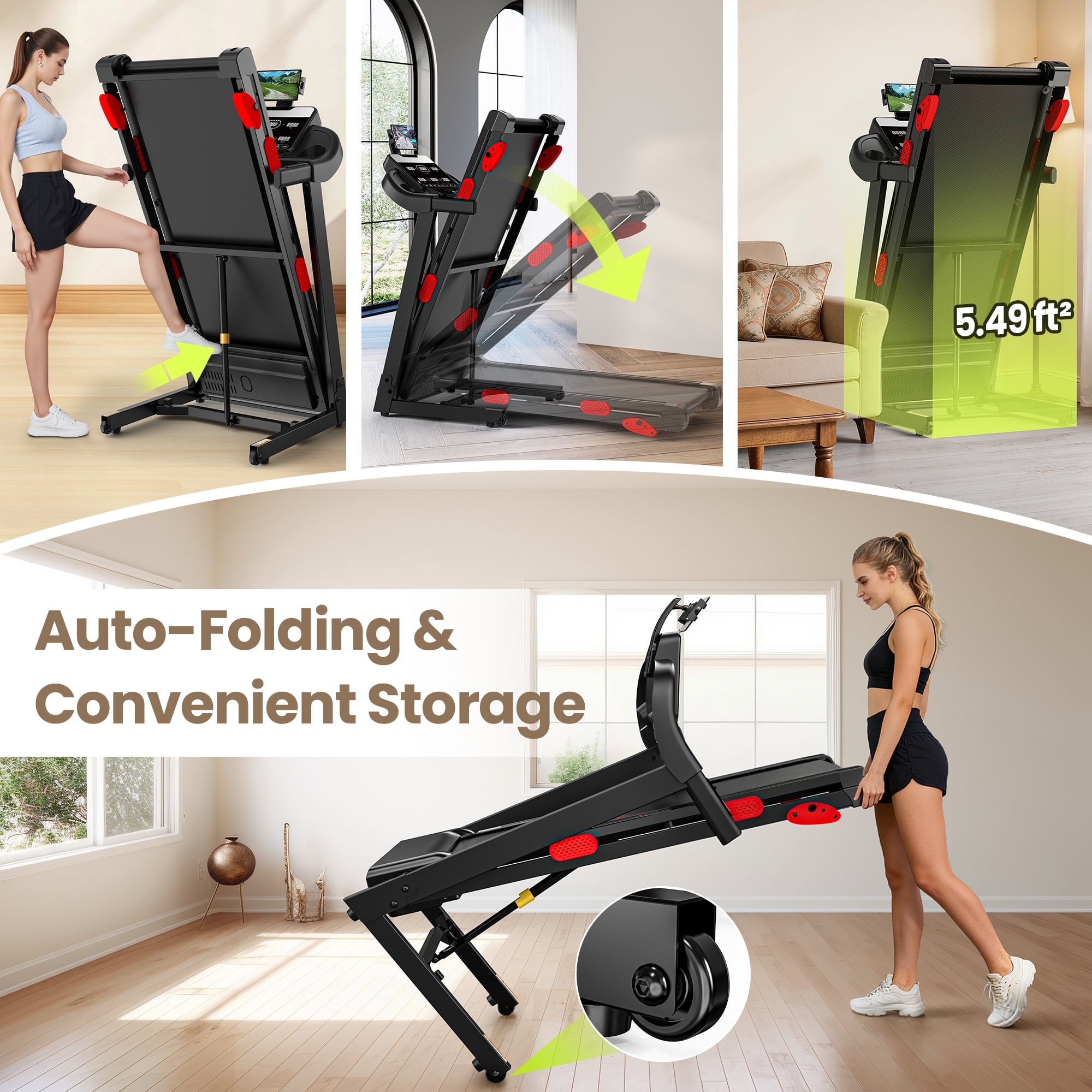 Qvamodo 300LBS Capacity Folding Treadmill w/ Incline for Home, 3.75HP Portable Treadmill, 64+3+3+1 Program, Wide Shock Absorption Belt, Walking Running Exercise Machine