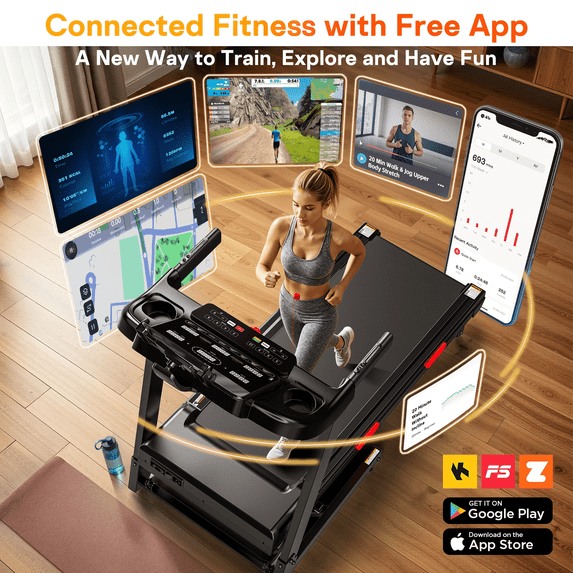 Qvamodo 3.8HP Quiet Folding Home Treadmill, 15 Level Auto Incline, 330 lbs Capacity, 9 MPH Speed Compact Running Machine for Apartment Office Daily Cardio