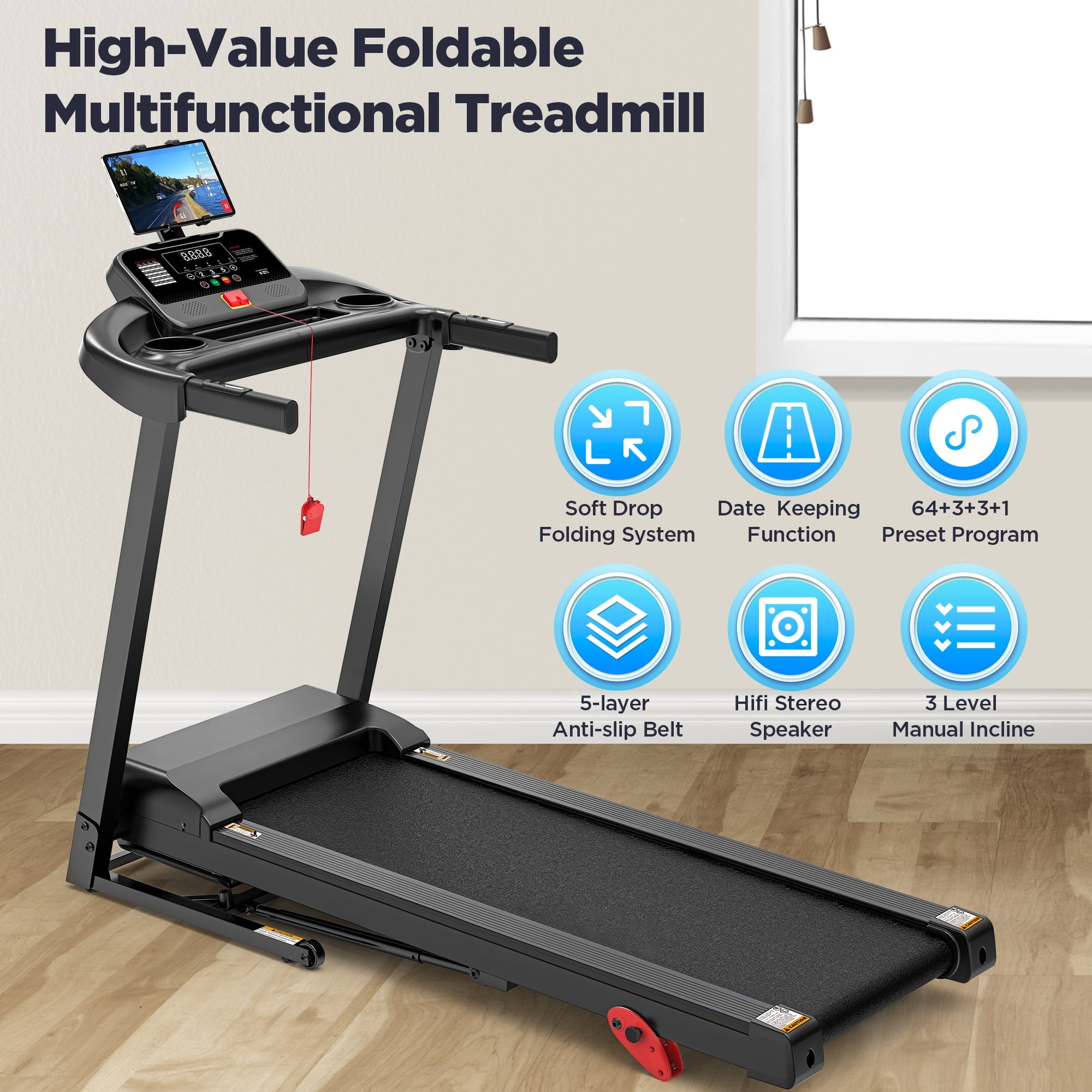 Campmoy 3.75HP Folding Treadmill with 300lbs Capacity, 71 Programs Treadmill for Home, 3 Adjustable Incline, 7.5MPH Speed, Intelligent APP control, Silent Brushless Motor, Bluetooth & HiFi Stereo Speakers