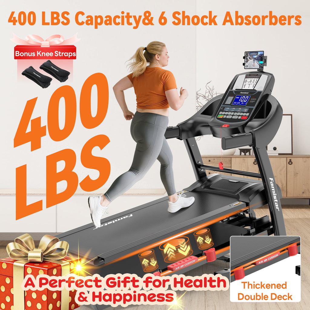 Famistar 5.1HP Folding Treadmill for Home with 15% Auto Incline, 300-400 LB Capacity, Portable Foldable Treadmill, FREE APP Control, Adjustable iPad Holder, 10MPH Speed, 71 Programs, Knee Straps Gift